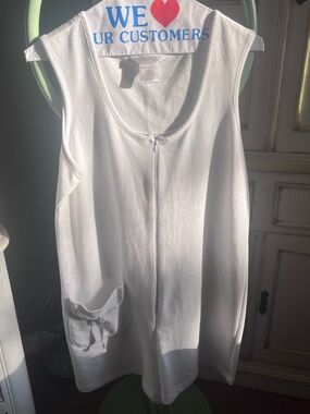 White Sleeveless Zip-Front Terry Romper with Accented Pocket